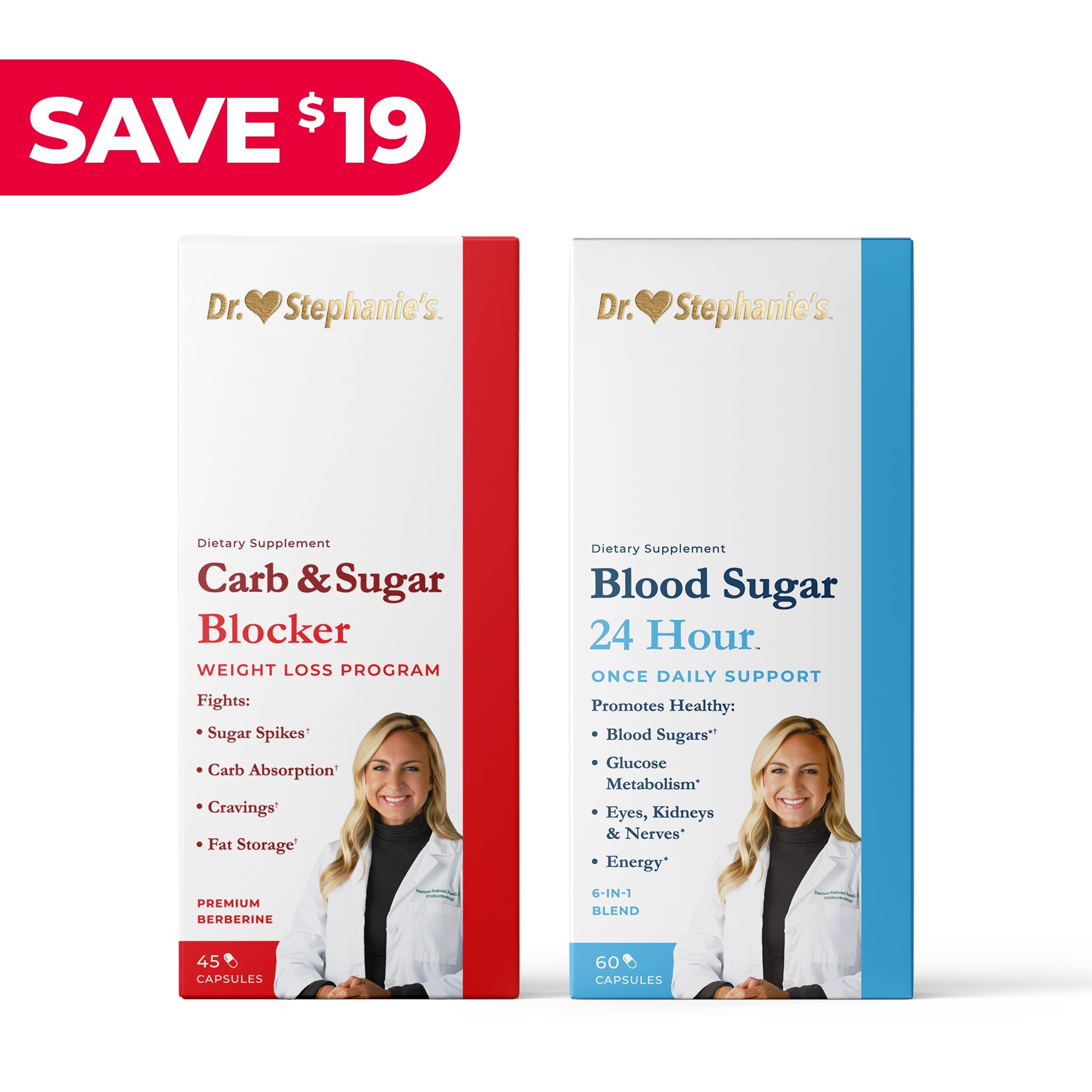 Double Pack: Blood Sugar 24 Hour Support + Carb & Sugar Blocker Dr. Stephanie's